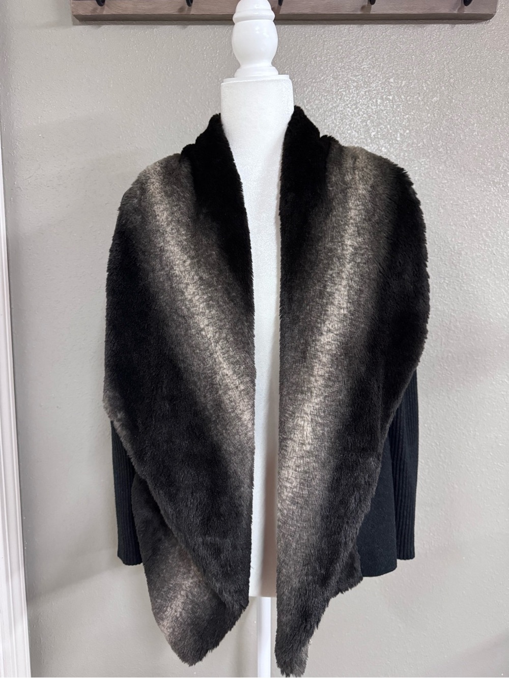Belldini Faux Fur Shawl Collar Open Front Sweater - Black and Gray